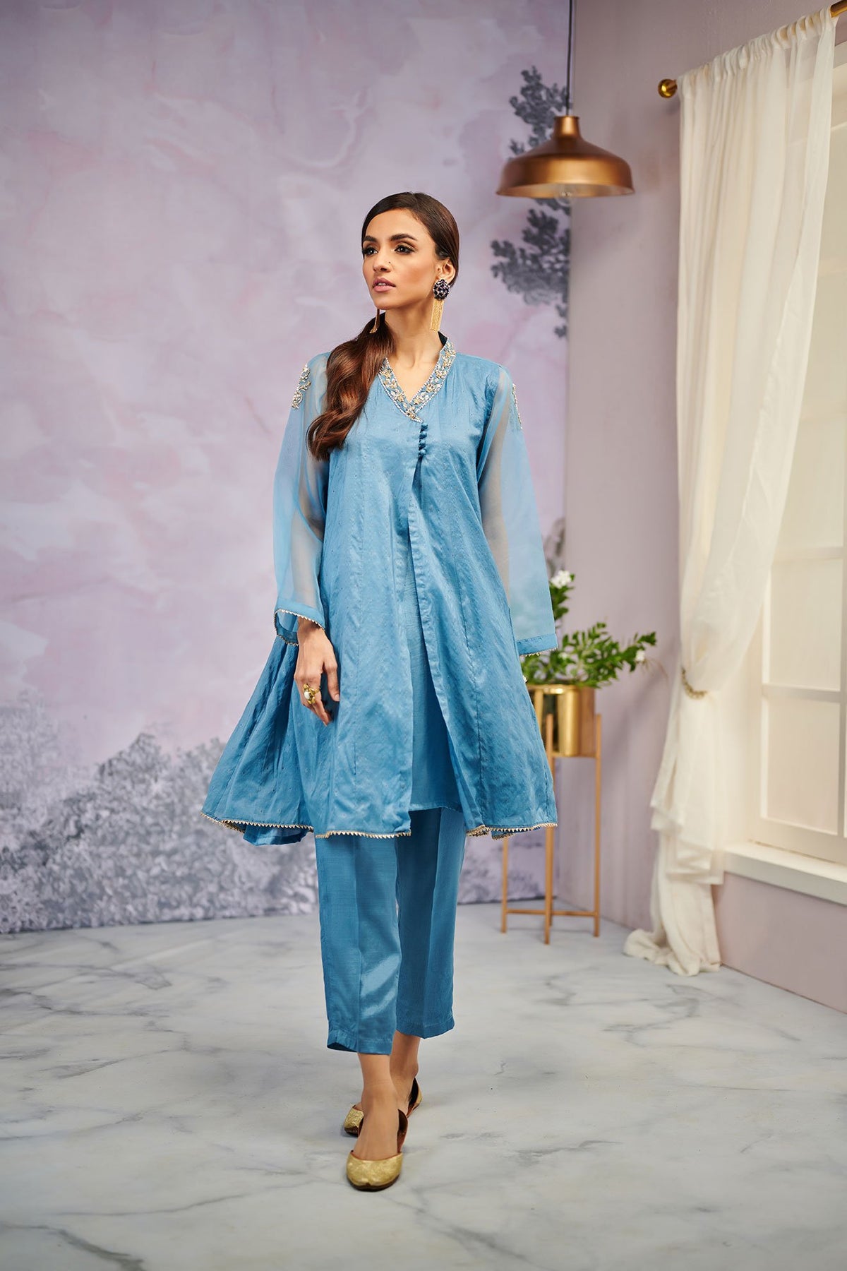 DA-1471 Blue  EMBROIDERED KURTA WITH TROSER