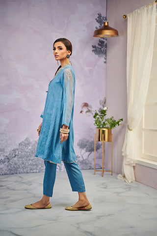 DA-1471 Blue  EMBROIDERED KURTA WITH TROSER