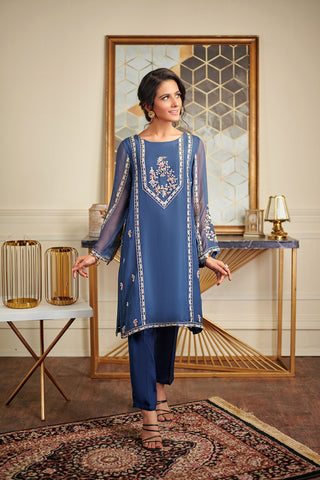 DA-1475 BLUE EMBROIDERED KURTA