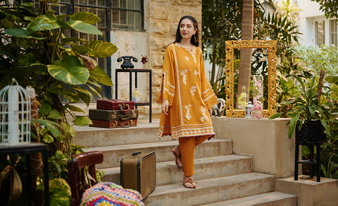 DC-2020 ACRYLIC ORANGE 2PCS EMBROIDERED KURTA WITH TROUSER